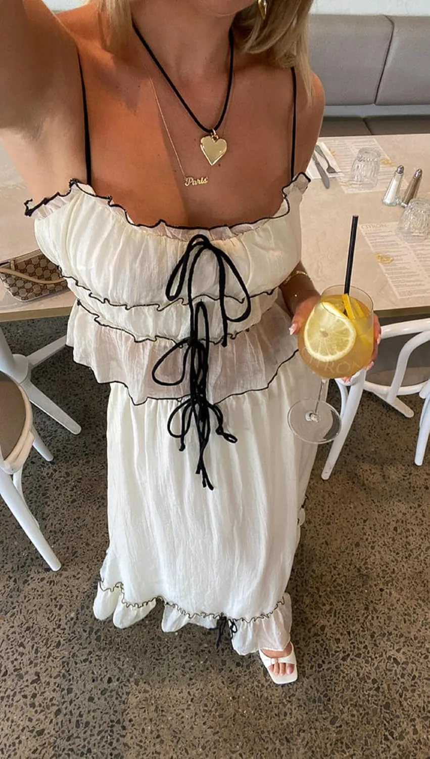 Maxi Skirt Set Women Summer Two Piece Vacation Beach Outfits Wide Straps Crop Tank Flowy Tiered Aline Skirt Set