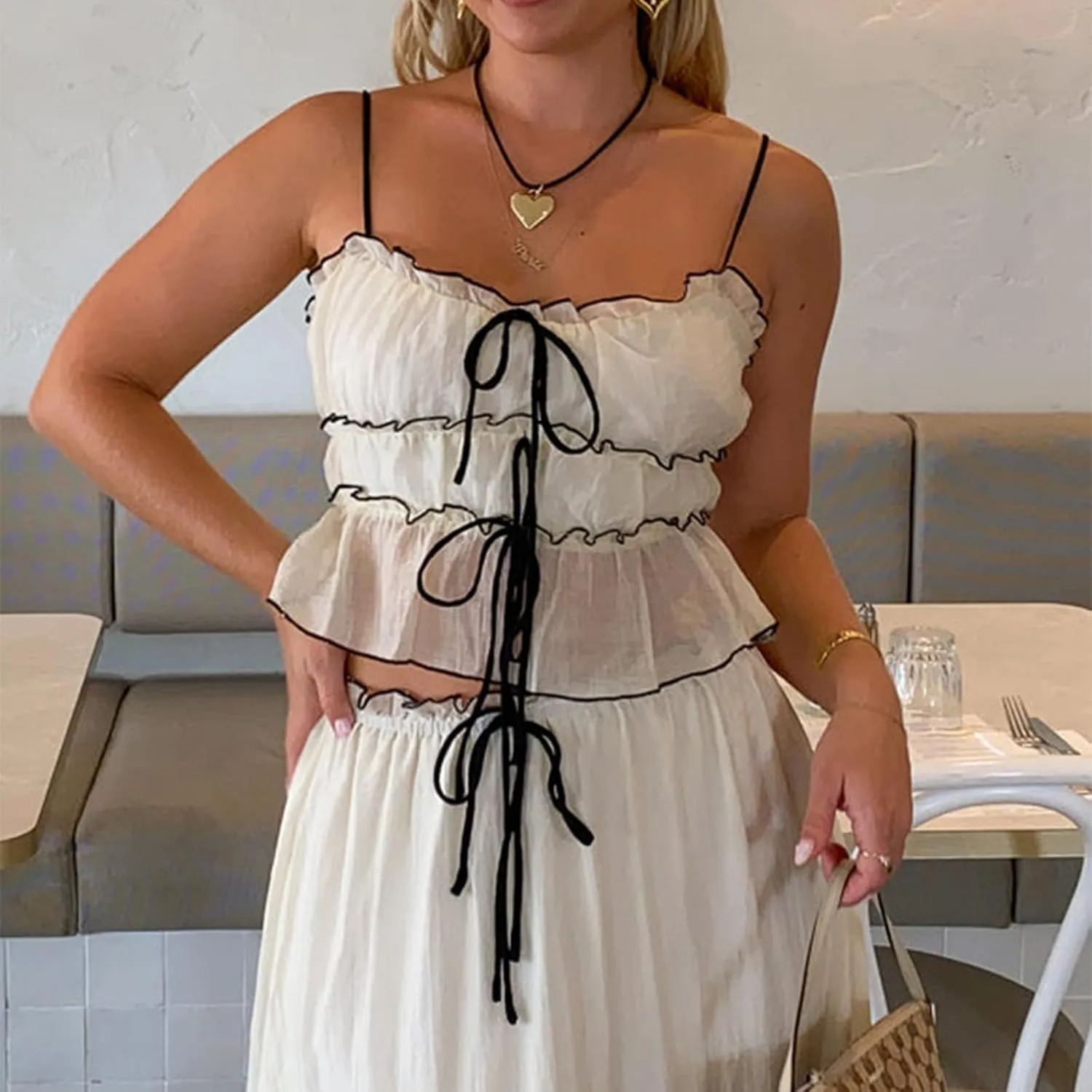 Maxi Skirt Set Women Summer Two Piece Vacation Beach Outfits Wide Straps Crop Tank Flowy Tiered Aline Skirt Set