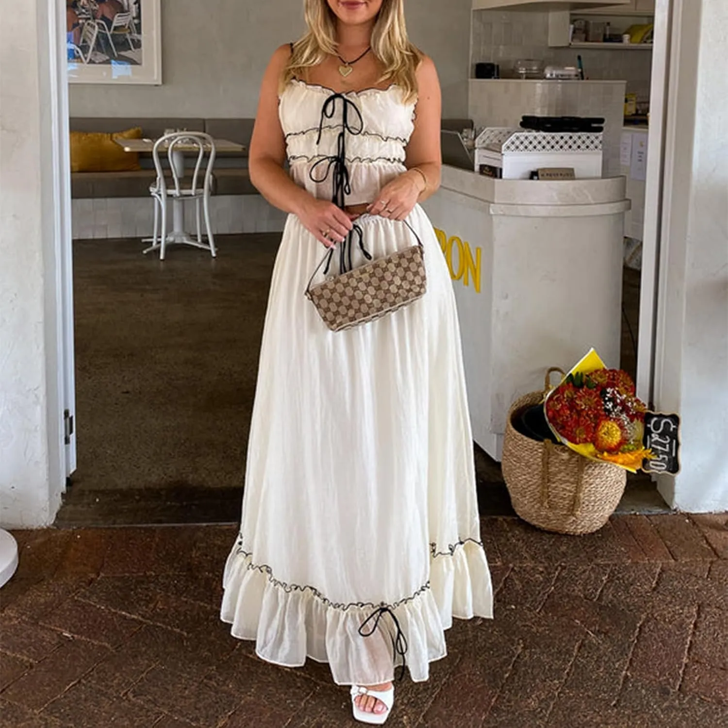 Maxi Skirt Set Women Summer Two Piece Vacation Beach Outfits Wide Straps Crop Tank Flowy Tiered Aline Skirt Set