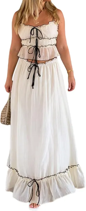 Maxi Skirt Set Women Summer Two Piece Vacation Beach Outfits Wide Straps Crop Tank Flowy Tiered Aline Skirt Set