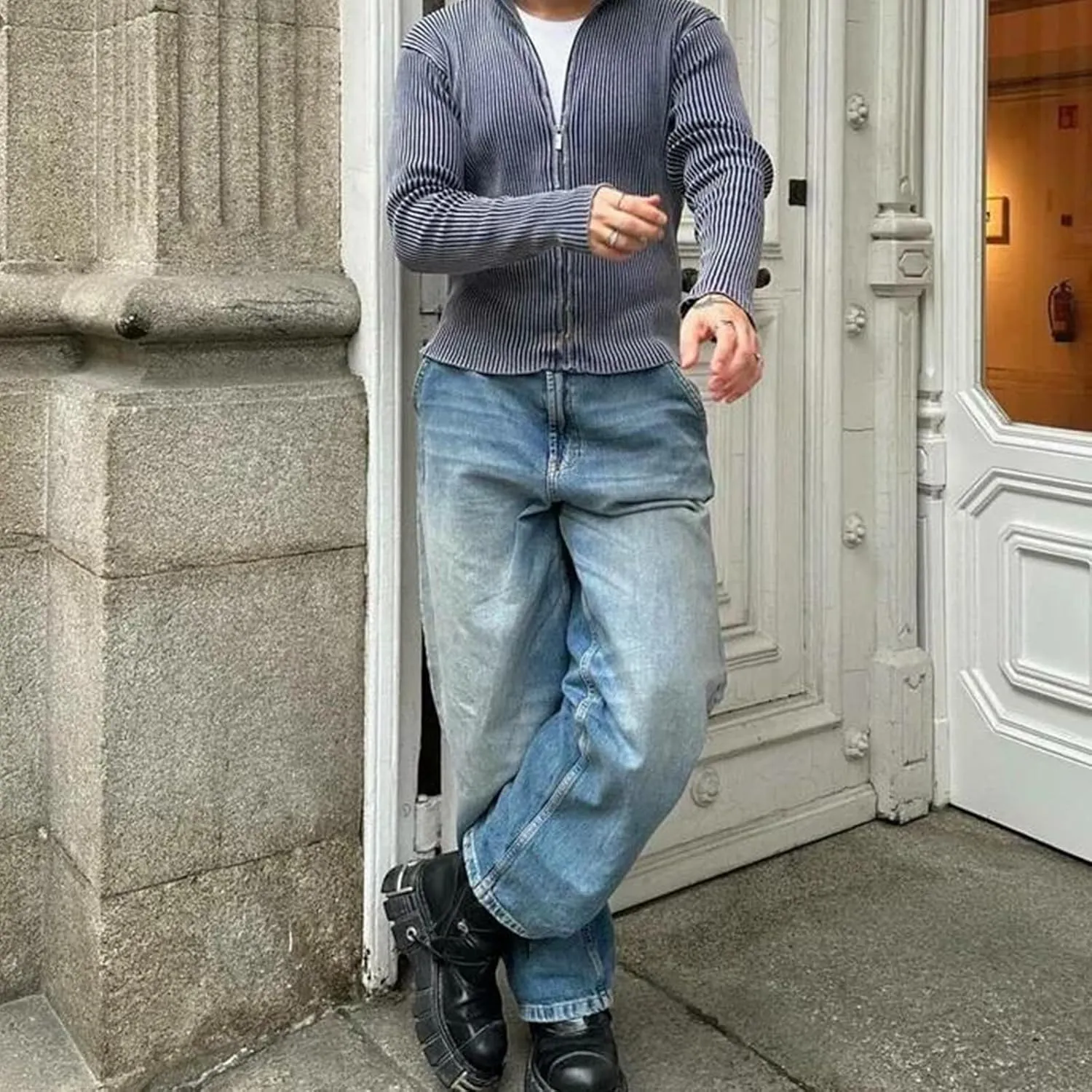 Men Jeans Straight fit High Waisted Work Jeans Relaxed Fit Baggy Denim Jeans Pants