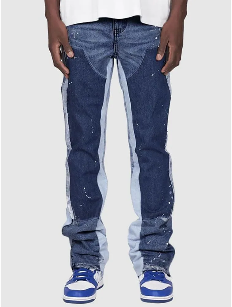 Men Relaxed Fit Ripped Jeans Hip Hop Splash Ink Print Patchwork Denim Pants