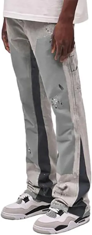 Men Relaxed Fit Ripped Jeans Hip Hop Splash Ink Print Patchwork Denim Pants