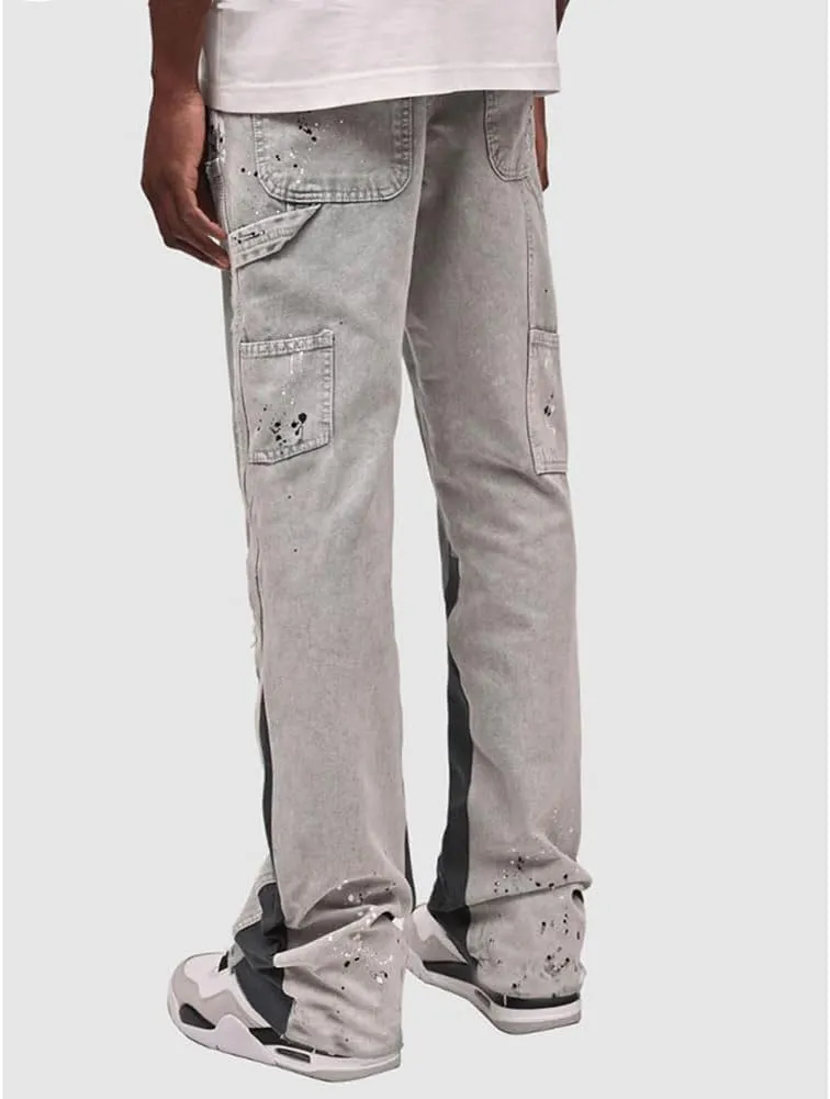 Men Relaxed Fit Ripped Jeans Hip Hop Splash Ink Print Patchwork Denim Pants