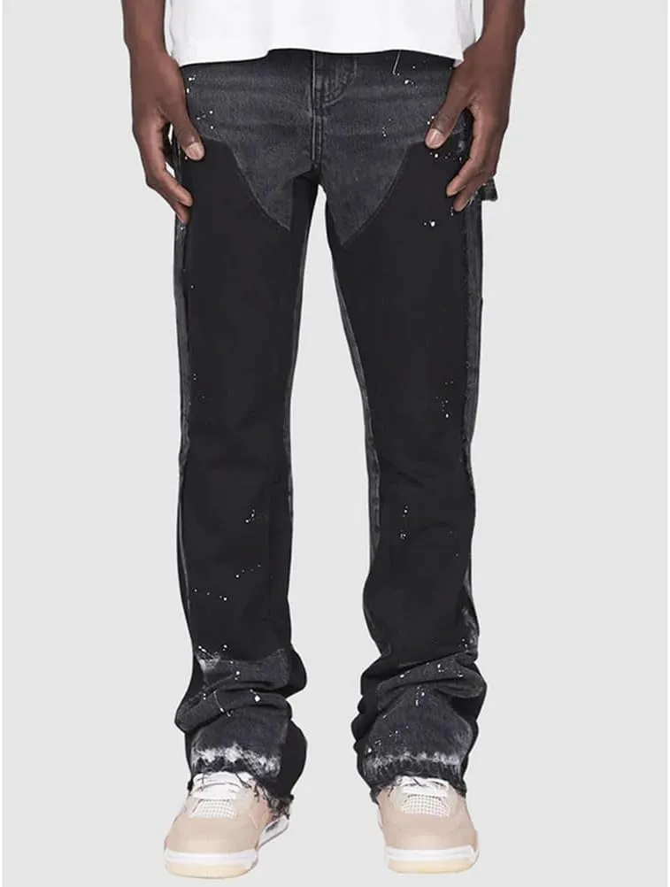 Men Relaxed Fit Ripped Jeans Hip Hop Splash Ink Print Patchwork Denim Pants