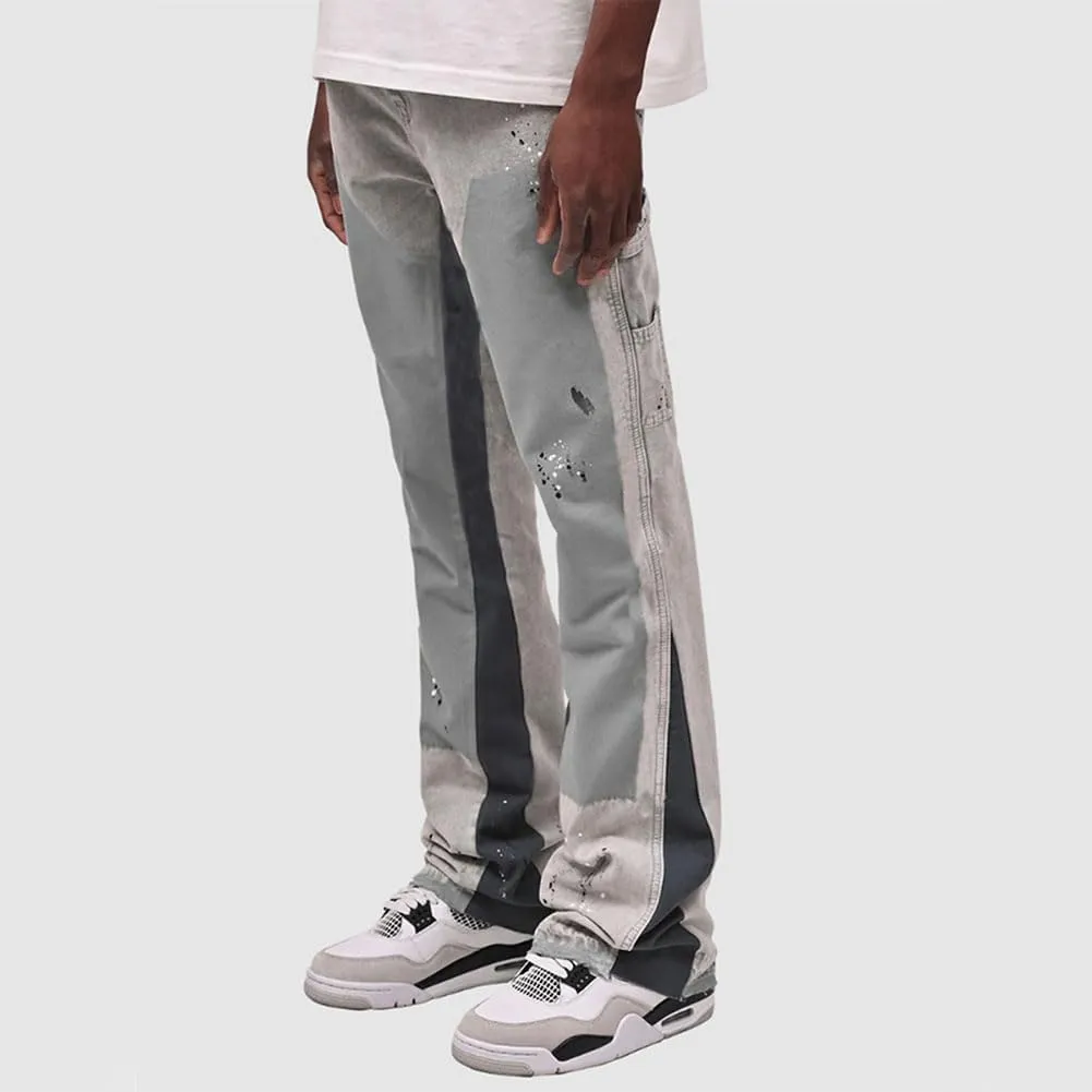 Men Relaxed Fit Ripped Jeans Hip Hop Splash Ink Print Patchwork Denim Pants