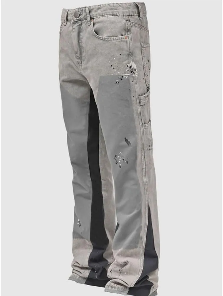Men Relaxed Fit Ripped Jeans Hip Hop Splash Ink Print Patchwork Denim Pants