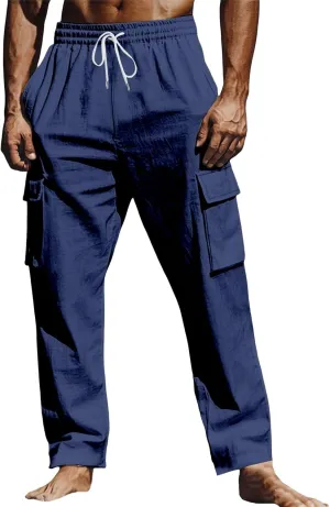 Mens Athletic Pants Tapered Linen Elastic Waist Active Beach Flex Trousers Joggers Travel Hiking Pants