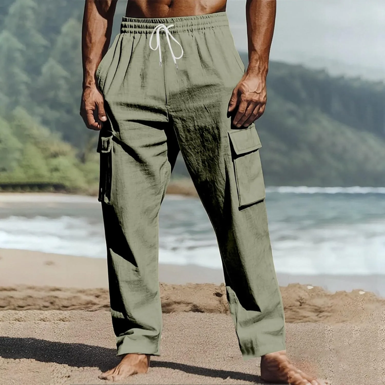 Mens Athletic Pants Tapered Linen Elastic Waist Active Beach Flex Trousers Joggers Travel Hiking Pants