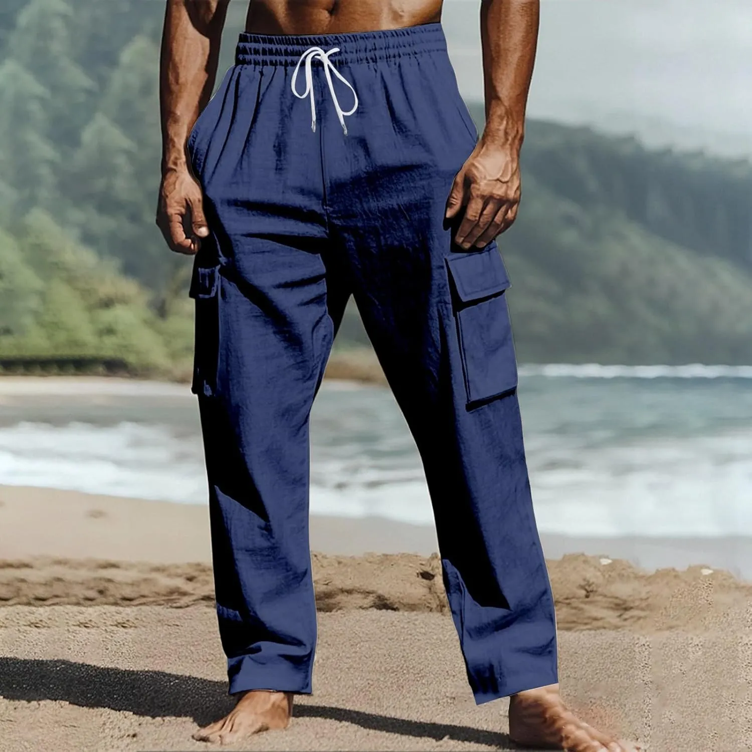 Mens Athletic Pants Tapered Linen Elastic Waist Active Beach Flex Trousers Joggers Travel Hiking Pants