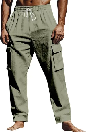 Mens Athletic Pants Tapered Linen Elastic Waist Active Beach Flex Trousers Joggers Travel Hiking Pants