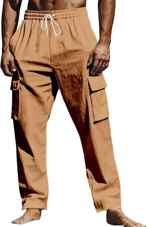 Mens Athletic Pants Tapered Linen Elastic Waist Active Beach Flex Trousers Joggers Travel Hiking Pants
