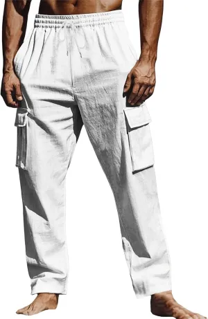Mens Athletic Pants Tapered Linen Elastic Waist Active Beach Flex Trousers Joggers Travel Hiking Pants