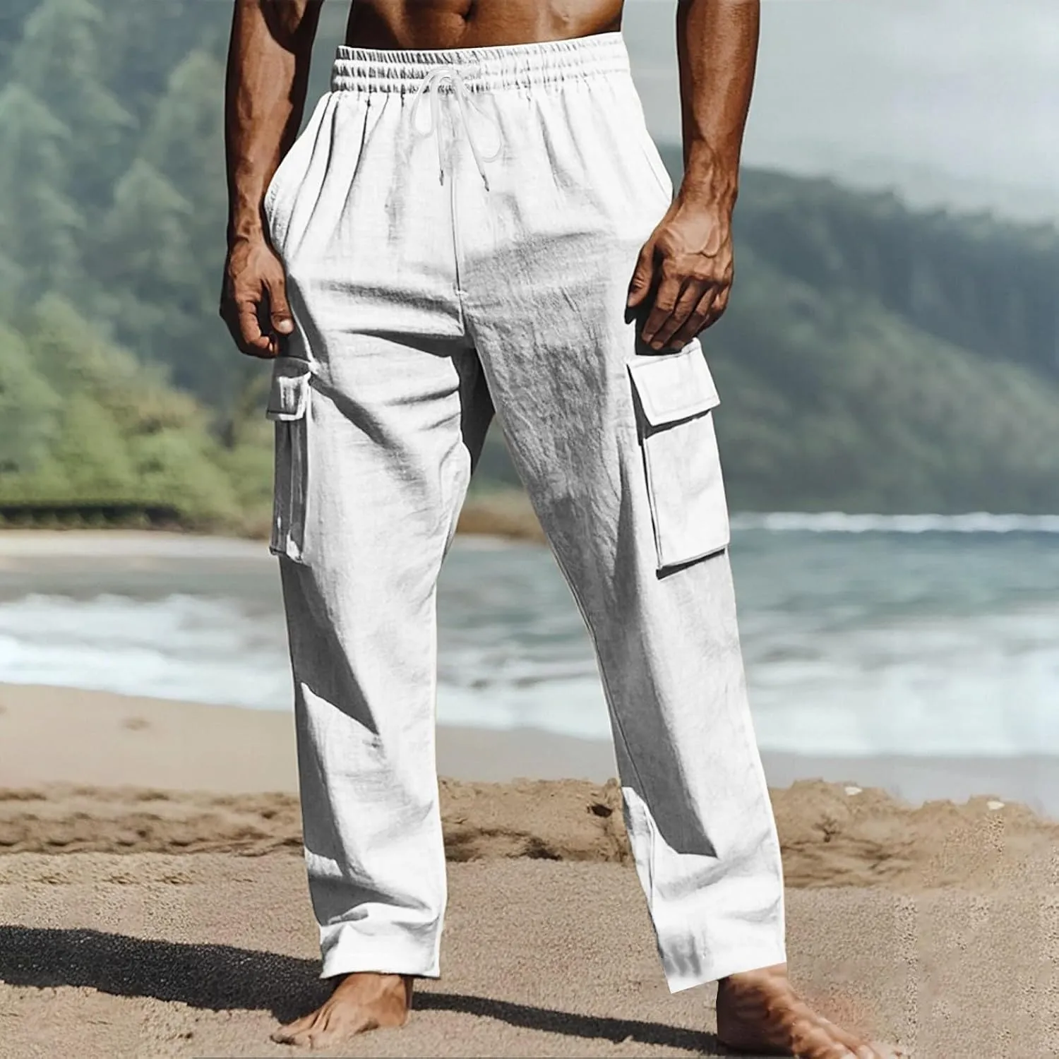 Mens Athletic Pants Tapered Linen Elastic Waist Active Beach Flex Trousers Joggers Travel Hiking Pants