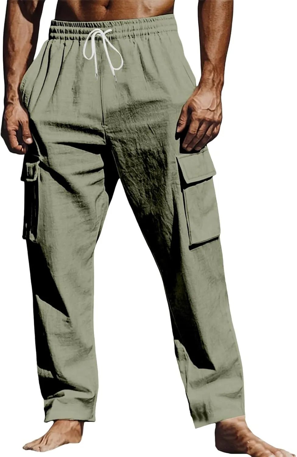 Mens Athletic Pants Tapered Linen Elastic Waist Active Beach Flex Trousers Joggers Travel Hiking Pants