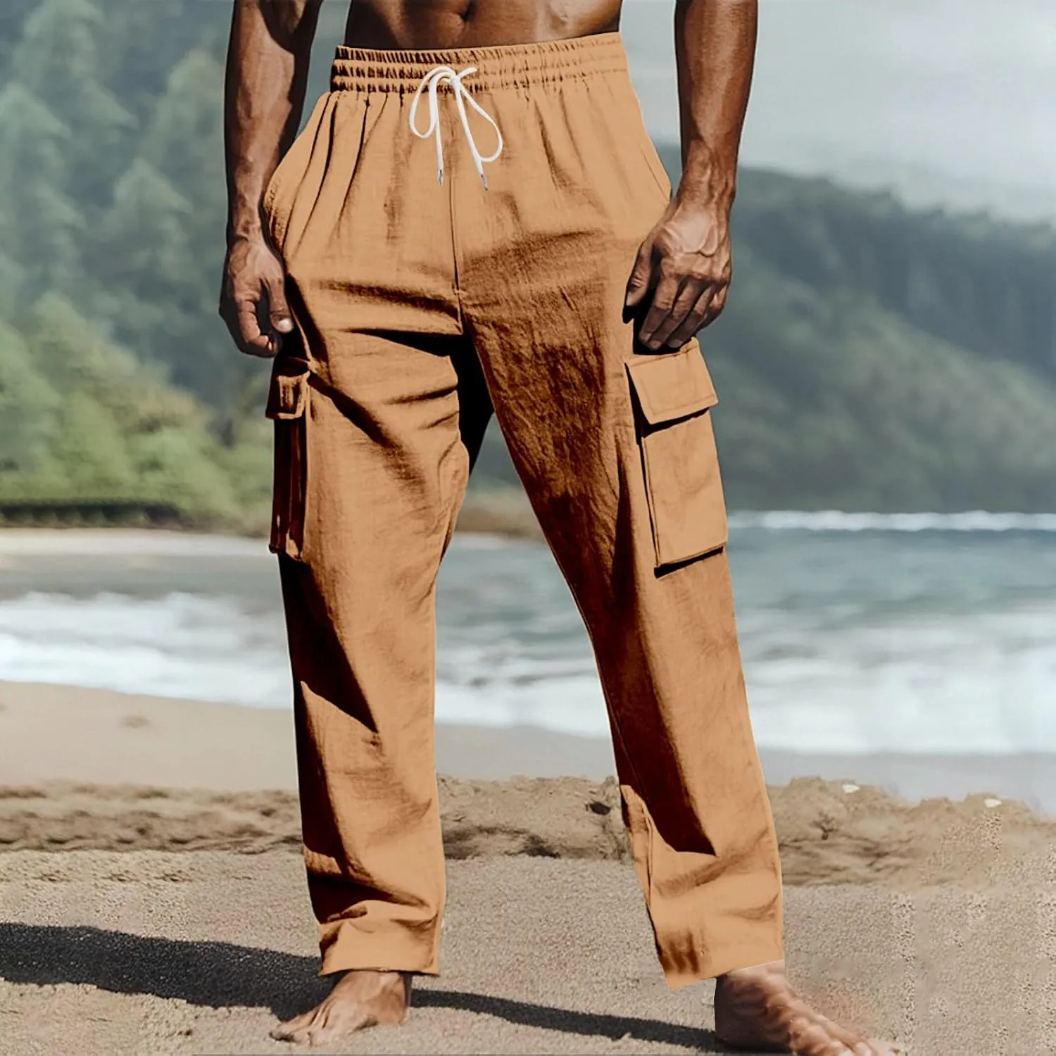 Mens Athletic Pants Tapered Linen Elastic Waist Active Beach Flex Trousers Joggers Travel Hiking Pants