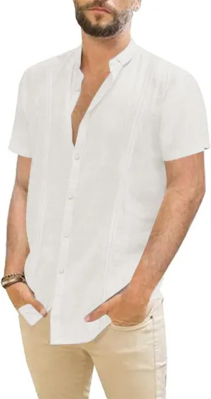 Mens Casual Linen Button Down Short Sleeve Shirts Beach Summer Spread Collar Pocket Tops