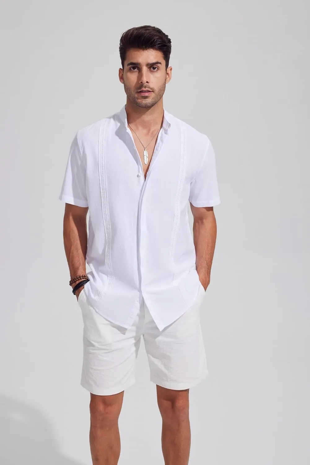 Mens Casual Linen Button Down Short Sleeve Shirts Beach Summer Spread Collar Pocket Tops
