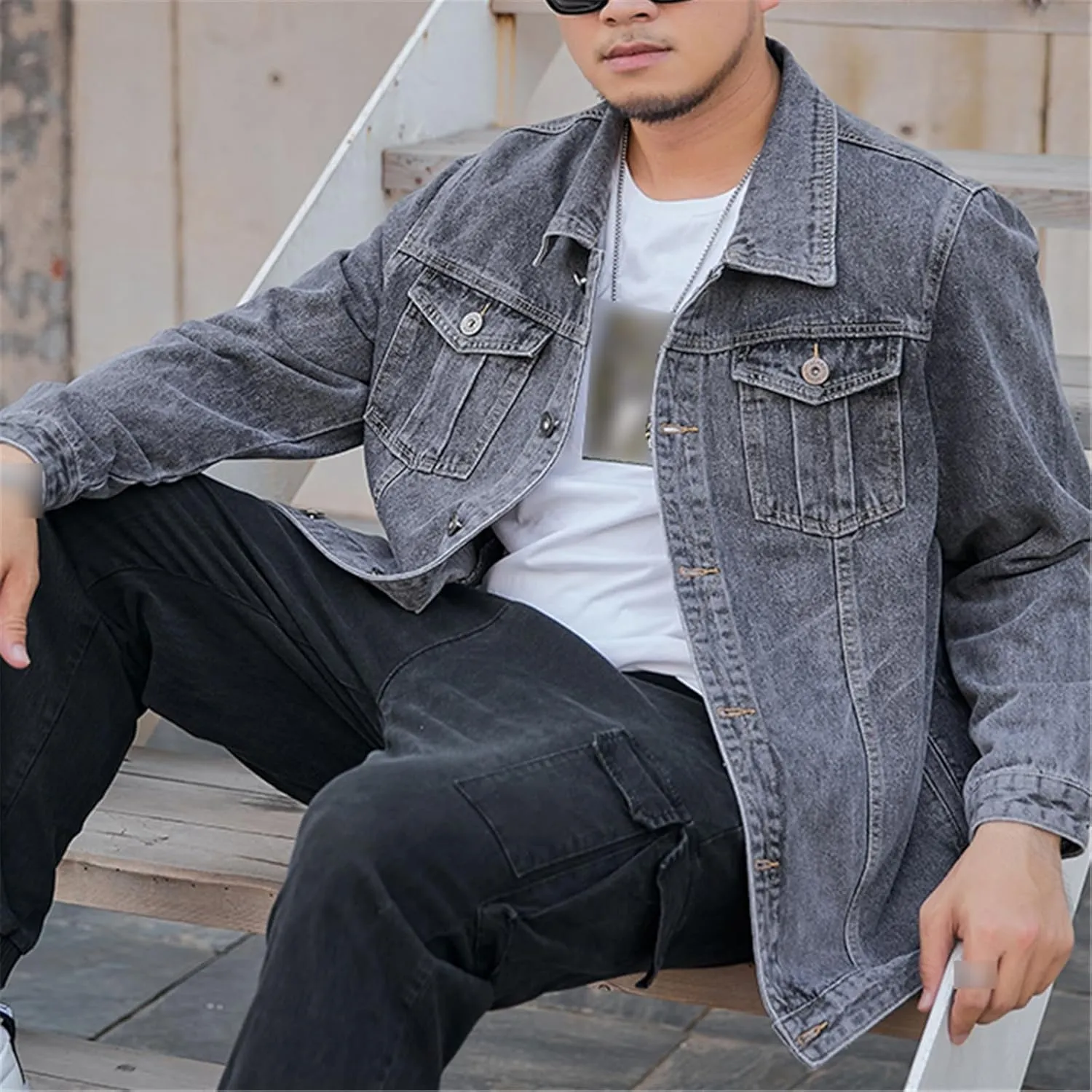Men's Jean Jacket Trucker Casual Classic Denim Jackets Male Turn-Down Collar Fat Loose Solid Color Coat
