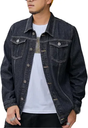 Men's Jean Jacket Trucker Casual Classic Denim Jackets Male Turn-Down Collar Fat Loose Solid Color Coat