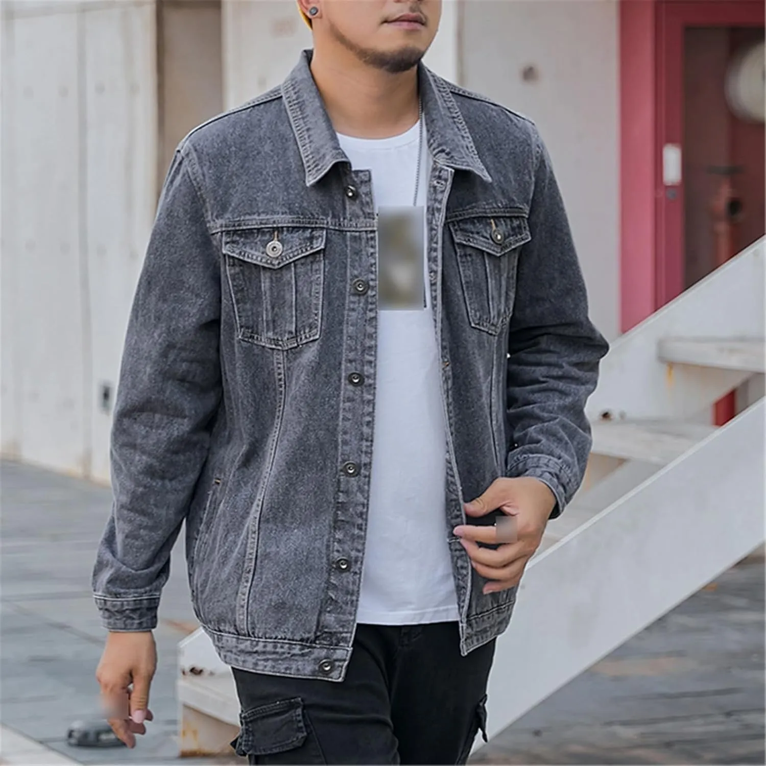 Men's Jean Jacket Trucker Casual Classic Denim Jackets Male Turn-Down Collar Fat Loose Solid Color Coat