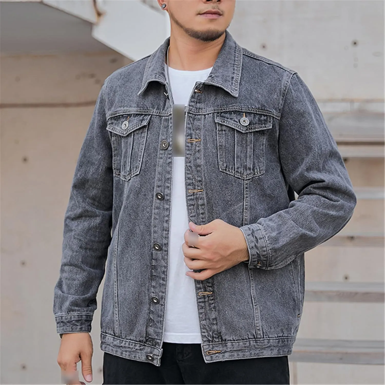 Men's Jean Jacket Trucker Casual Classic Denim Jackets Male Turn-Down Collar Fat Loose Solid Color Coat