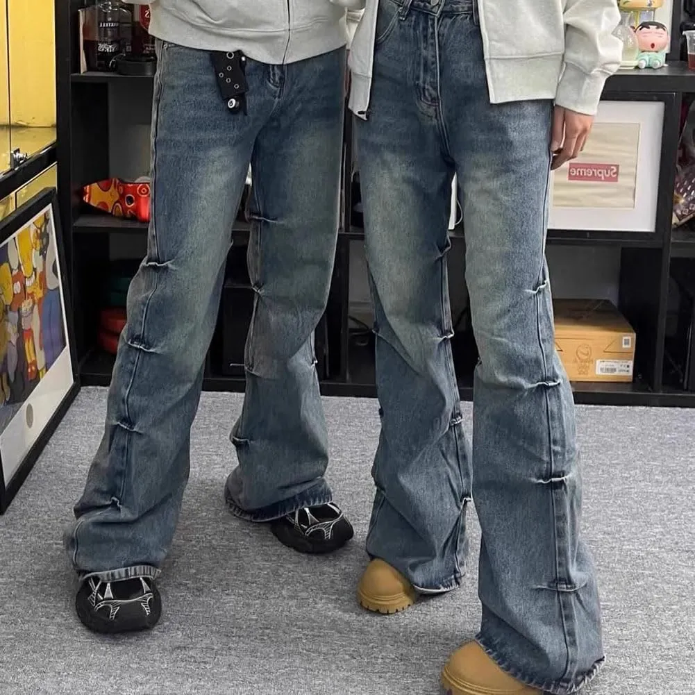 Mens Jeans Straight Leg Relaxed Fit Ruched Trendy Y2K Streetwear Hip Hop Denim Pants