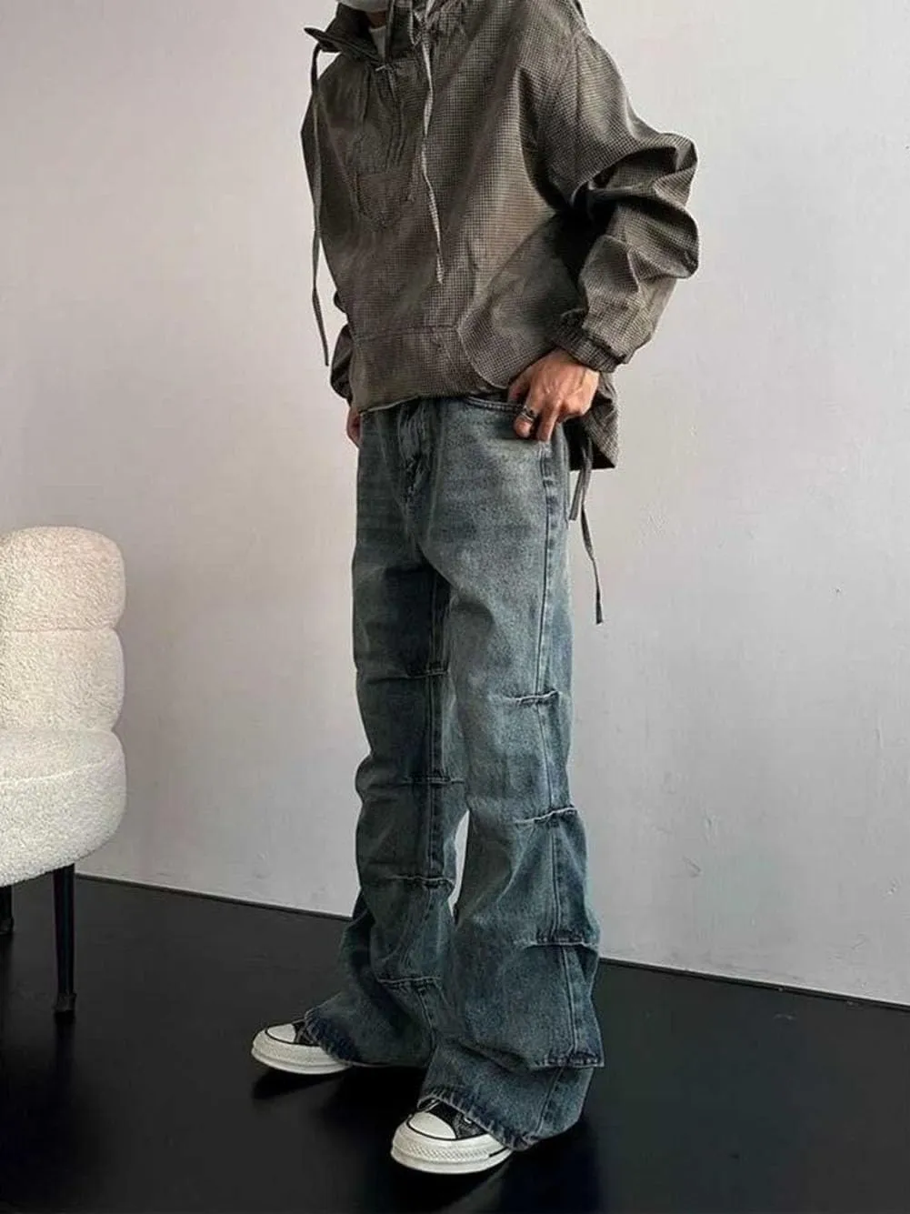 Mens Jeans Straight Leg Relaxed Fit Ruched Trendy Y2K Streetwear Hip Hop Denim Pants