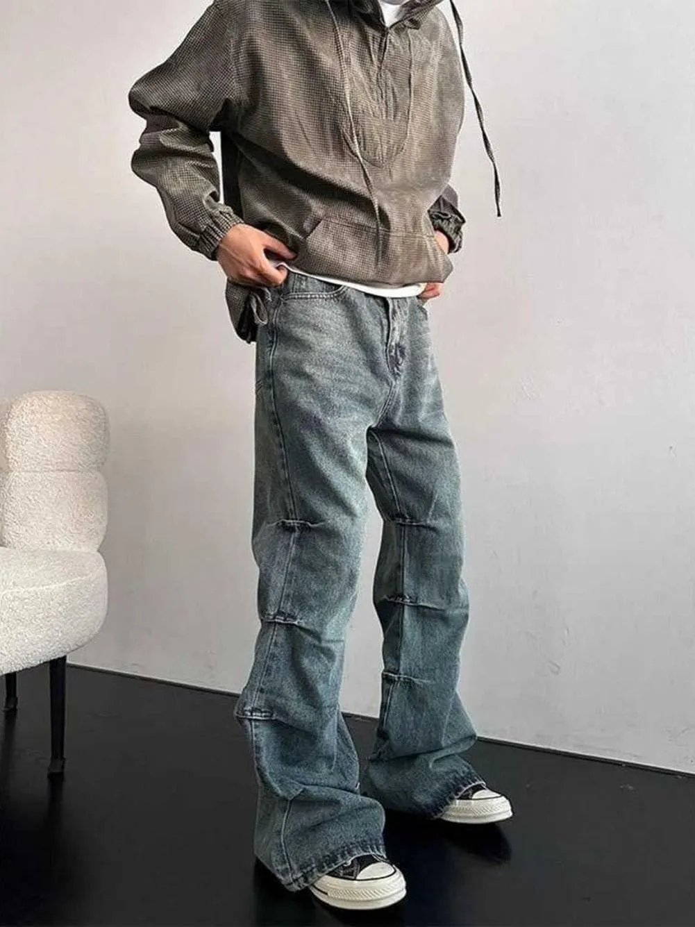 Mens Jeans Straight Leg Relaxed Fit Ruched Trendy Y2K Streetwear Hip Hop Denim Pants