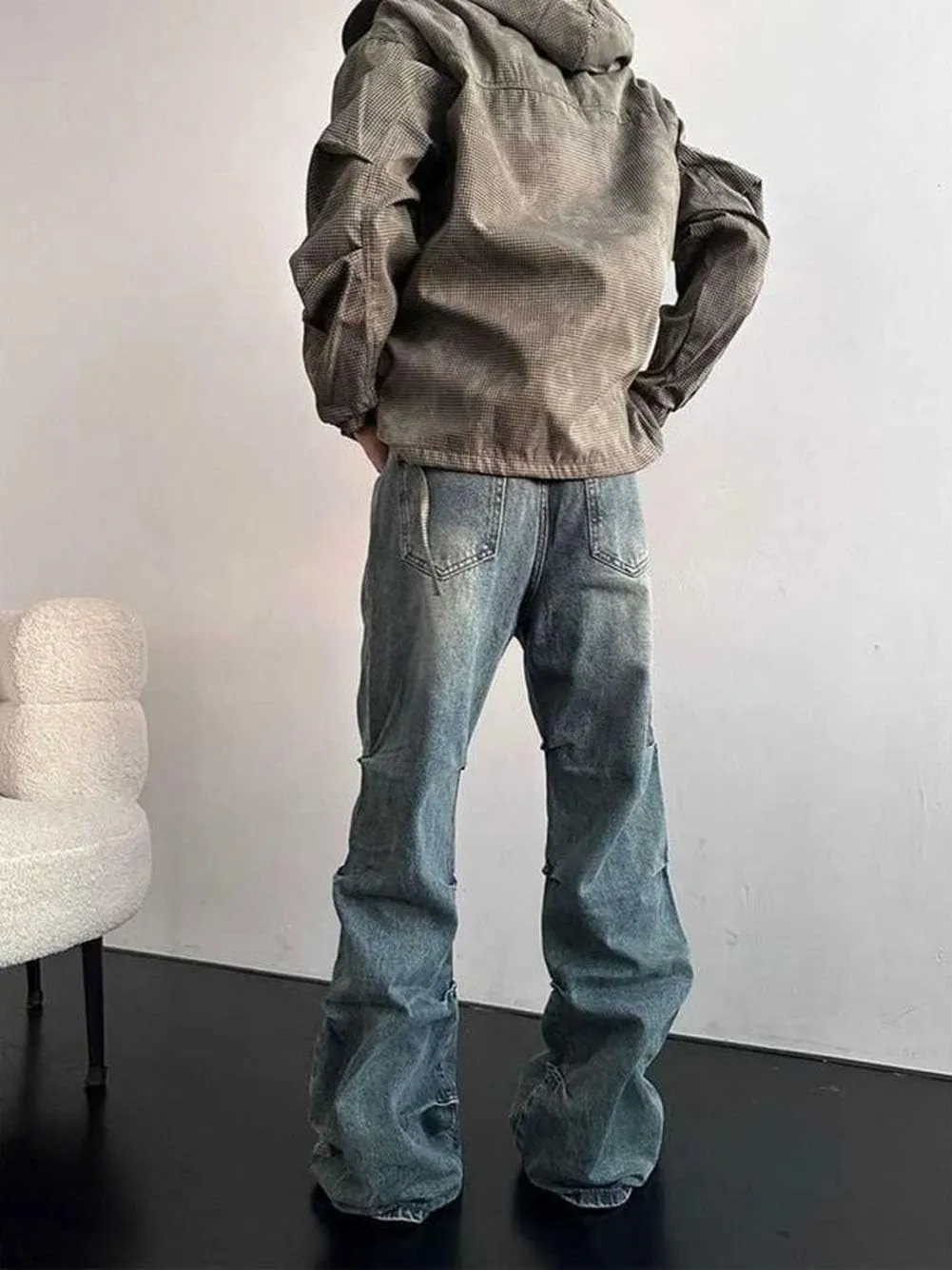 Mens Jeans Straight Leg Relaxed Fit Ruched Trendy Y2K Streetwear Hip Hop Denim Pants