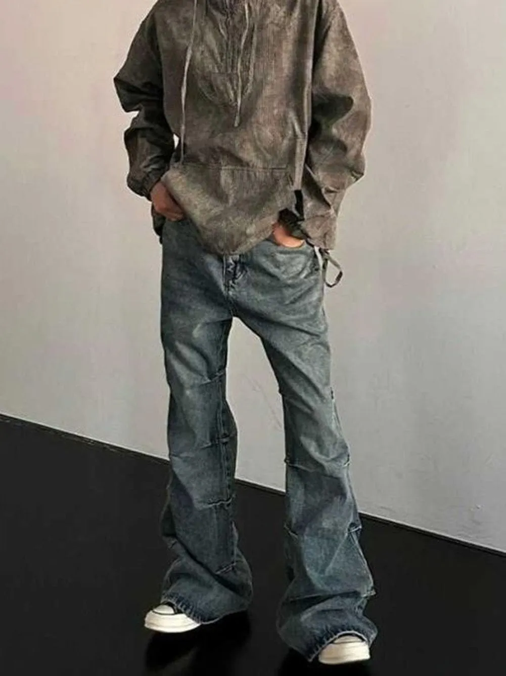 Mens Jeans Straight Leg Relaxed Fit Ruched Trendy Y2K Streetwear Hip Hop Denim Pants