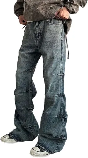 Mens Jeans Straight Leg Relaxed Fit Ruched Trendy Y2K Streetwear Hip Hop Denim Pants