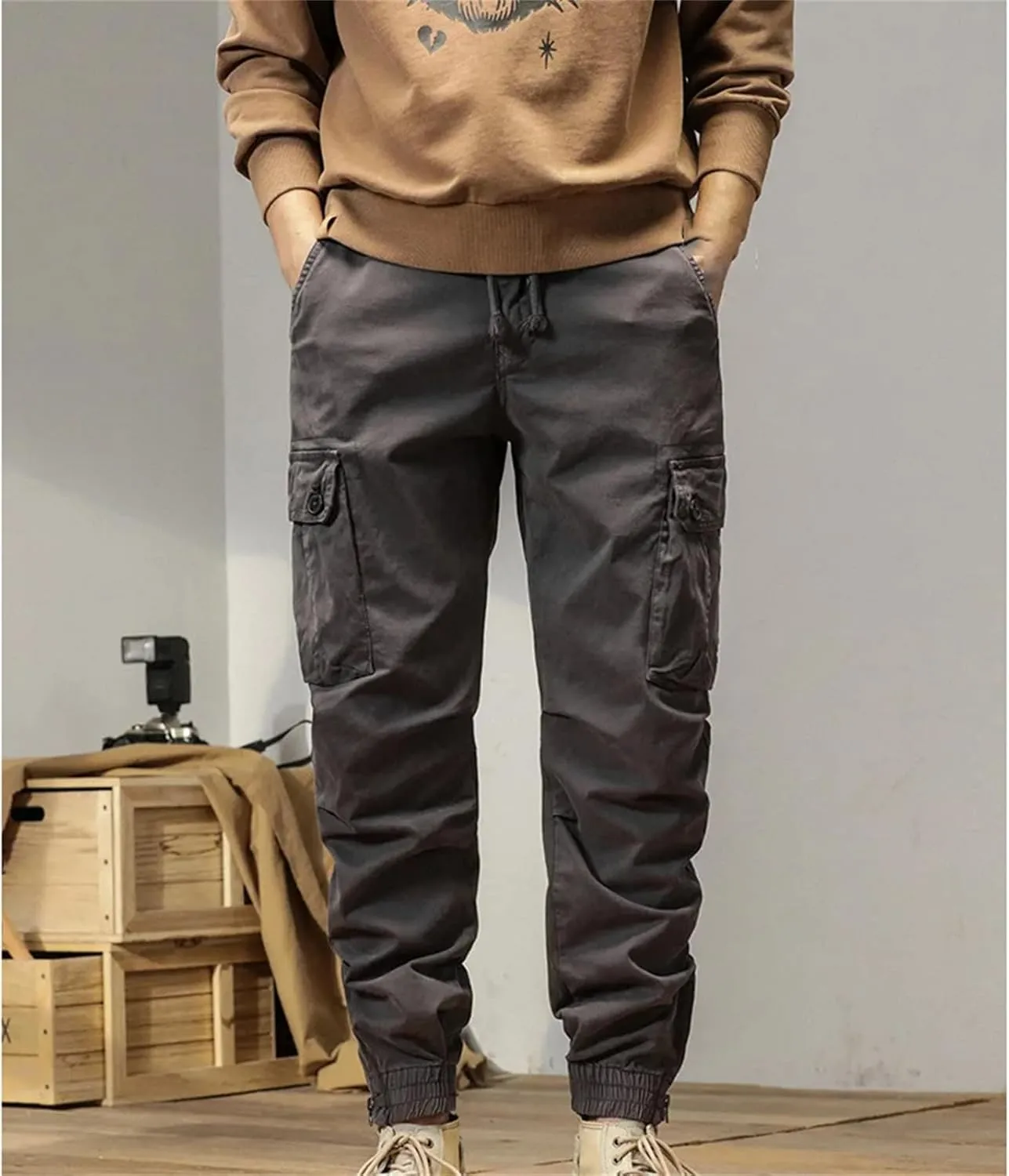Mens Multi-Pockets Spring Summer Cargo Pants Men Streetwear Zipper Leg Skinny Work Joggers Cotton Casual Trousers