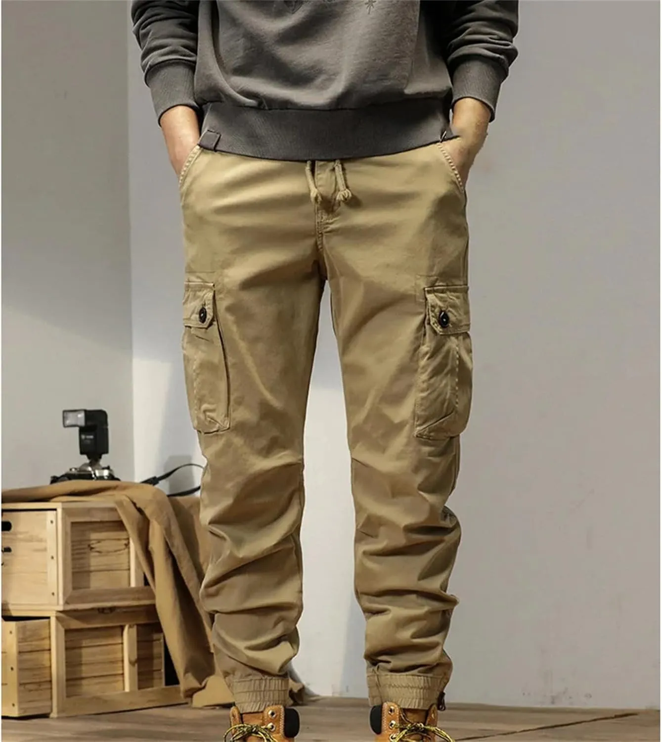 Mens Multi-Pockets Spring Summer Cargo Pants Men Streetwear Zipper Leg Skinny Work Joggers Cotton Casual Trousers