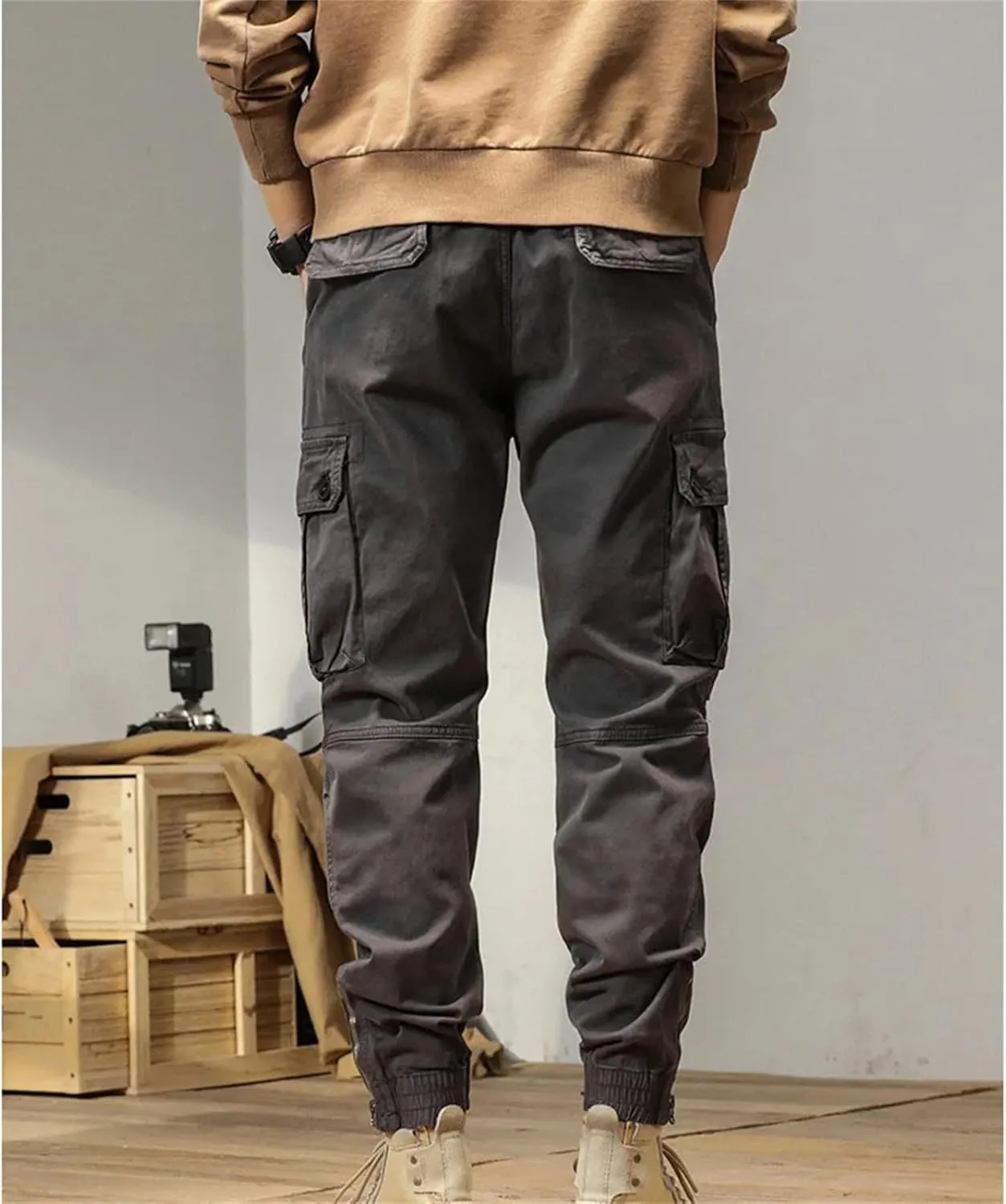 Mens Multi-Pockets Spring Summer Cargo Pants Men Streetwear Zipper Leg Skinny Work Joggers Cotton Casual Trousers