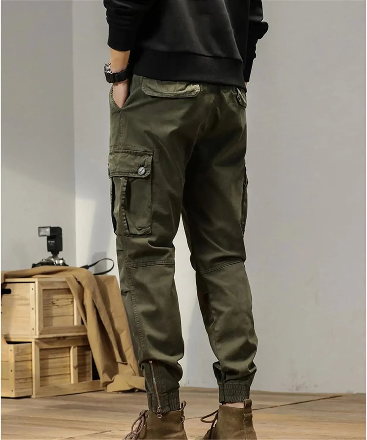 Mens Multi-Pockets Spring Summer Cargo Pants Men Streetwear Zipper Leg Skinny Work Joggers Cotton Casual Trousers