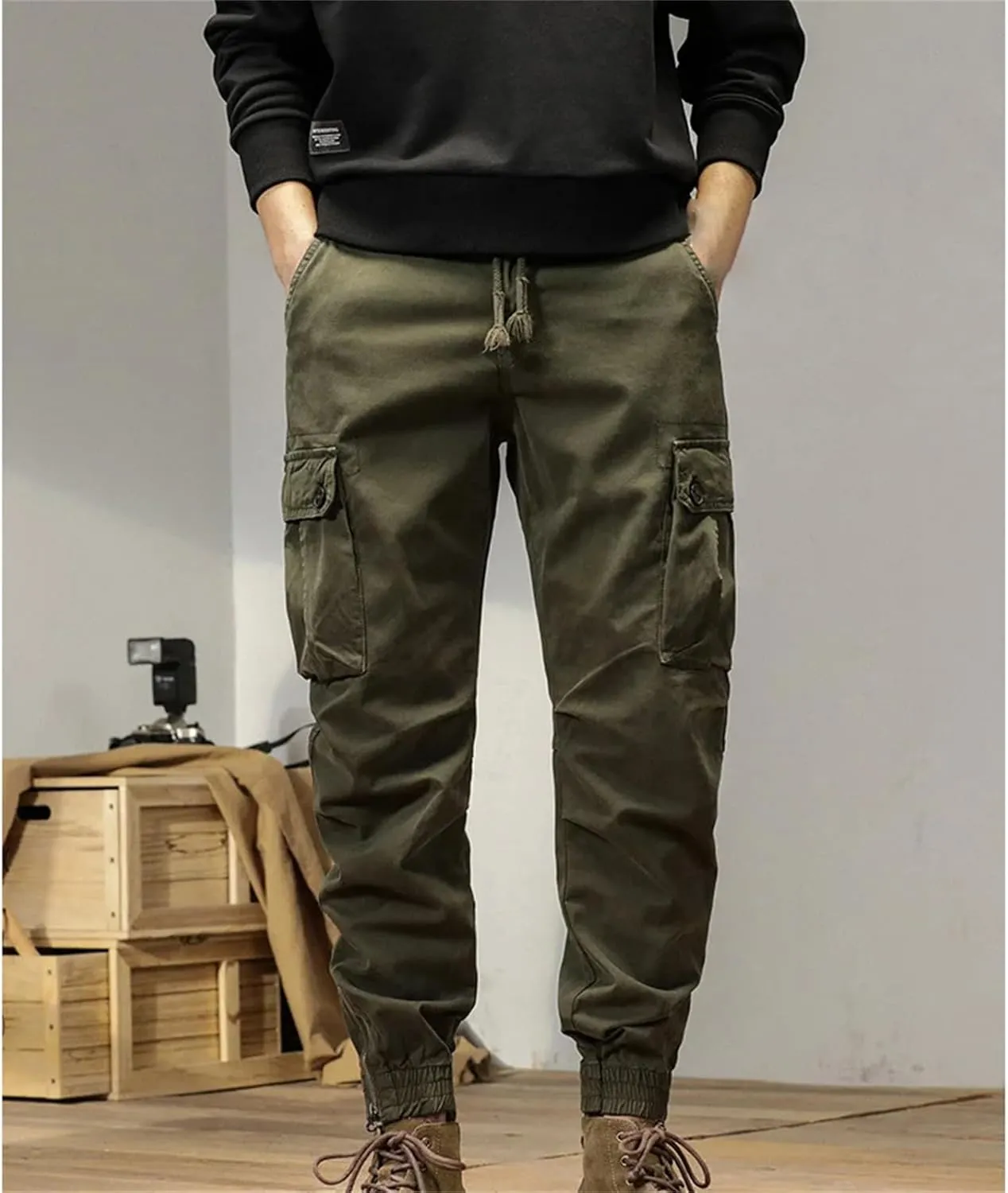 Mens Multi-Pockets Spring Summer Cargo Pants Men Streetwear Zipper Leg Skinny Work Joggers Cotton Casual Trousers