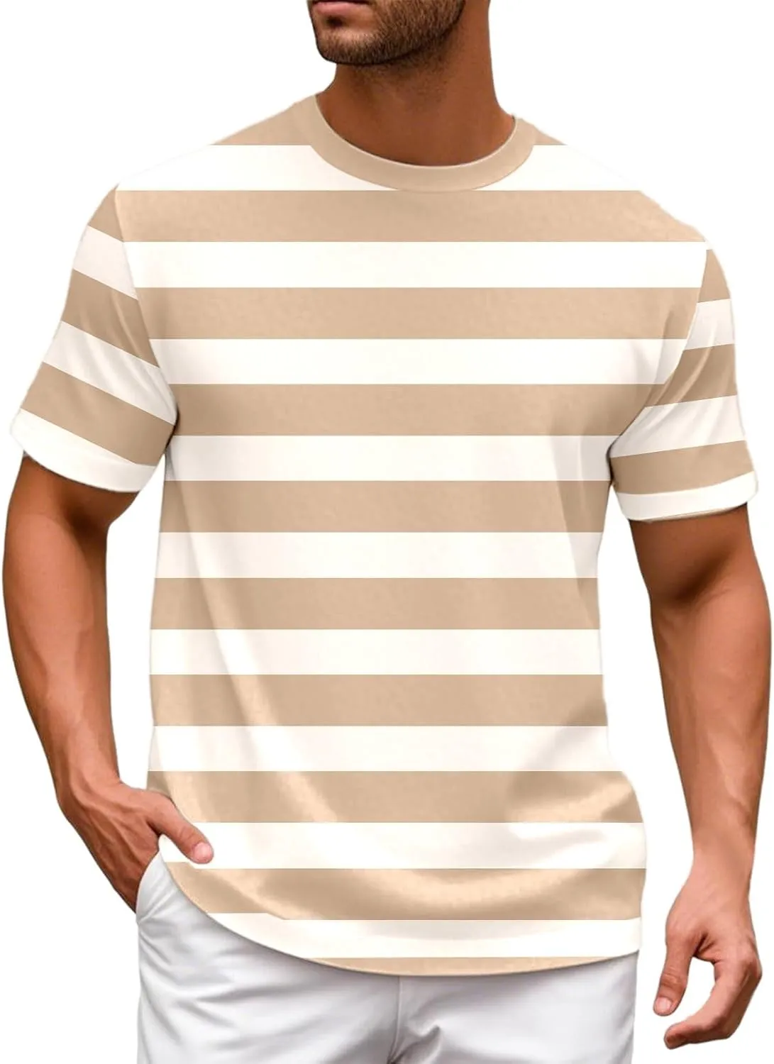 Men's Striped Short Sleeve T-Shirts Casual Crewneck Basic Shirt Color Block Stretch 2025 Summer Beach Tees