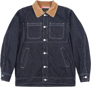 Men's Vintage Original Color Denim Jacket Fall Thick Check Inner Corduroy Collar Multi Bags Striped Workwear Coats