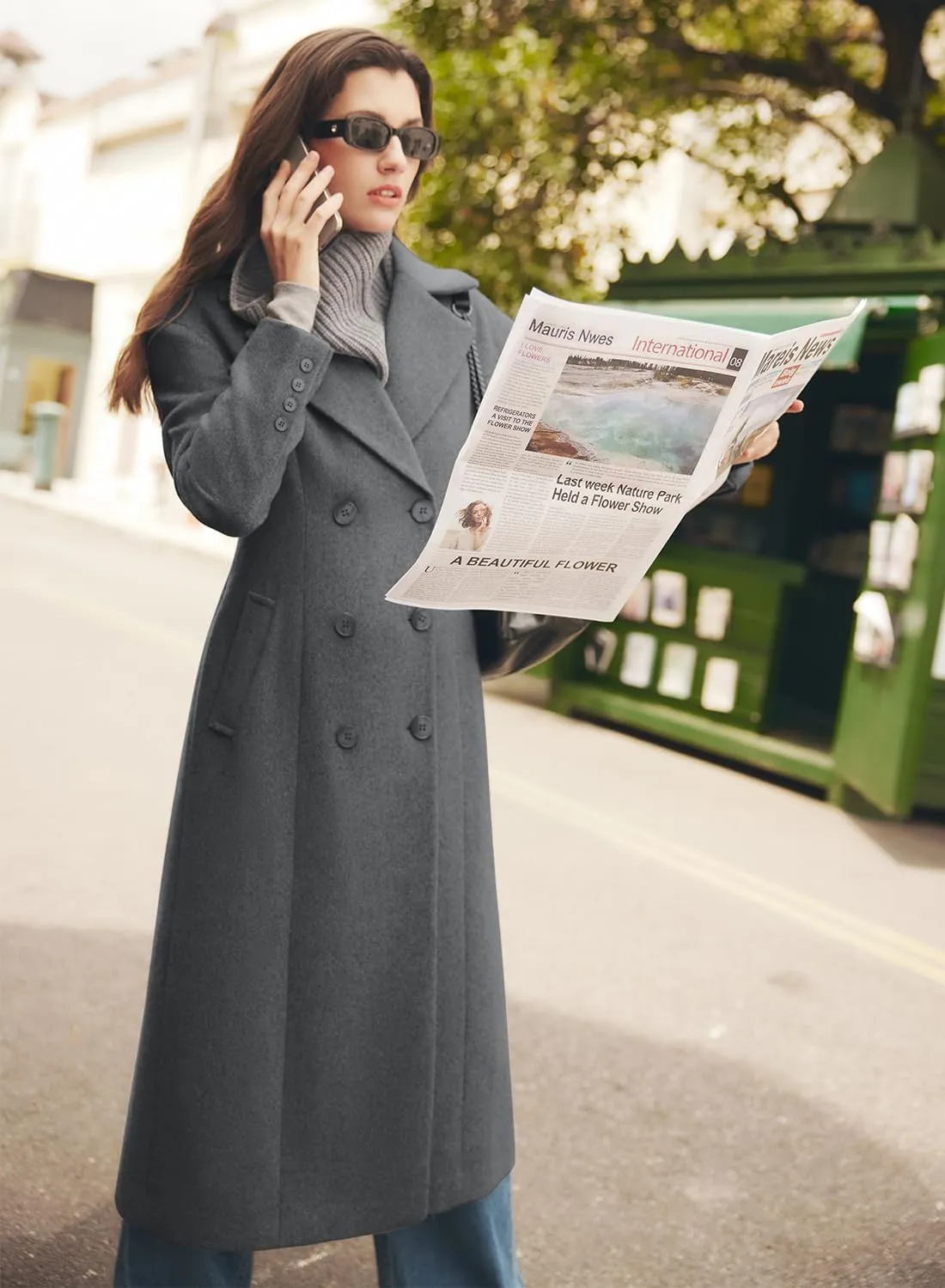 MIHOLL Women's Winter Wool Coat Chic Notched Collar Double Breasted Long Coat With Pockets