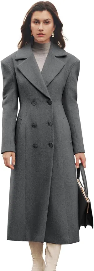 MIHOLL Women's Winter Wool Coat Chic Notched Collar Double Breasted Long Coat With Pockets