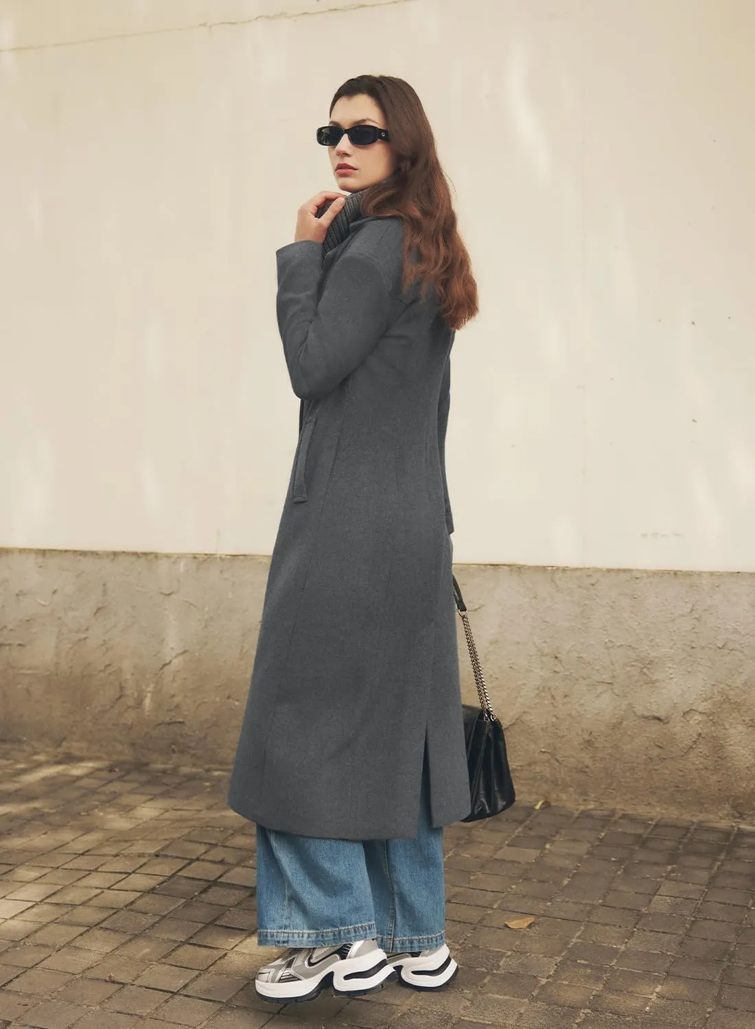 MIHOLL Women's Winter Wool Coat Chic Notched Collar Double Breasted Long Coat With Pockets