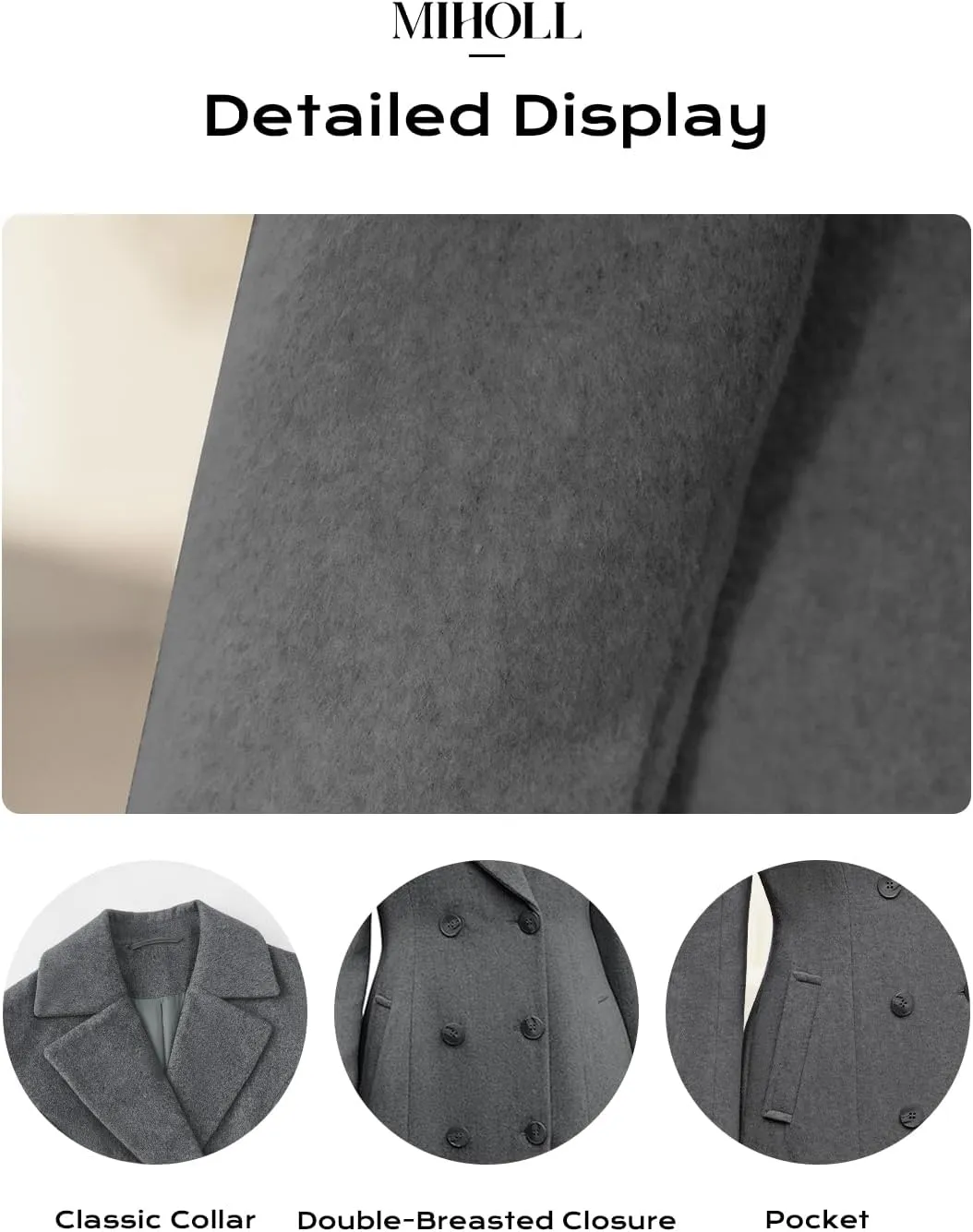 MIHOLL Women's Winter Wool Coat Chic Notched Collar Double Breasted Long Coat With Pockets