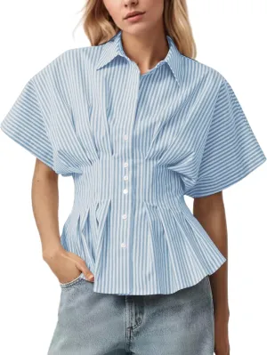 MISSACTIVER Striped Button Down Shirts for Women Short Sleeve Pleated Corset Blouse Casual Summer Peplum Dressy Tops