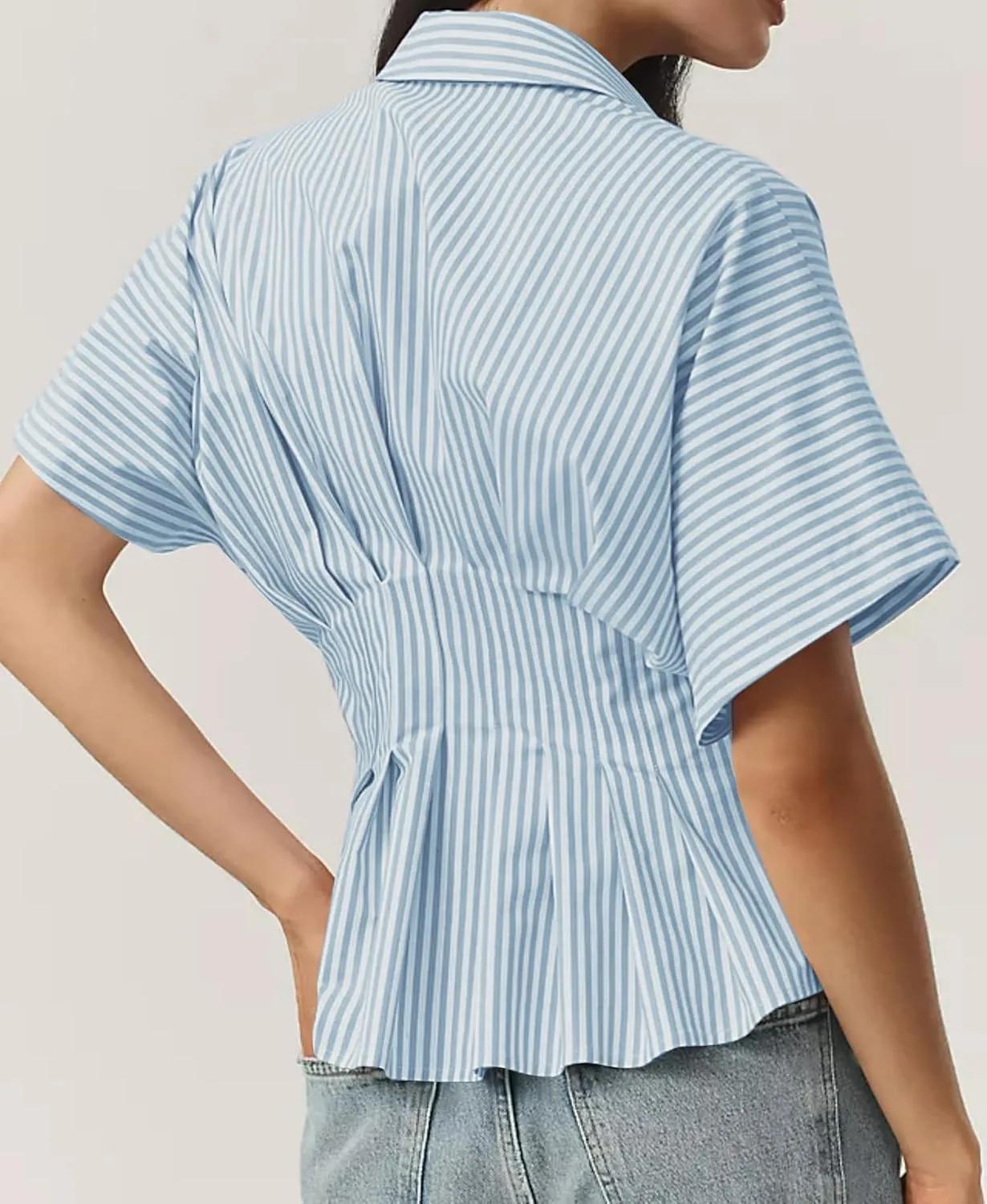 MISSACTIVER Striped Button Down Shirts for Women Short Sleeve Pleated Corset Blouse Casual Summer Peplum Dressy Tops