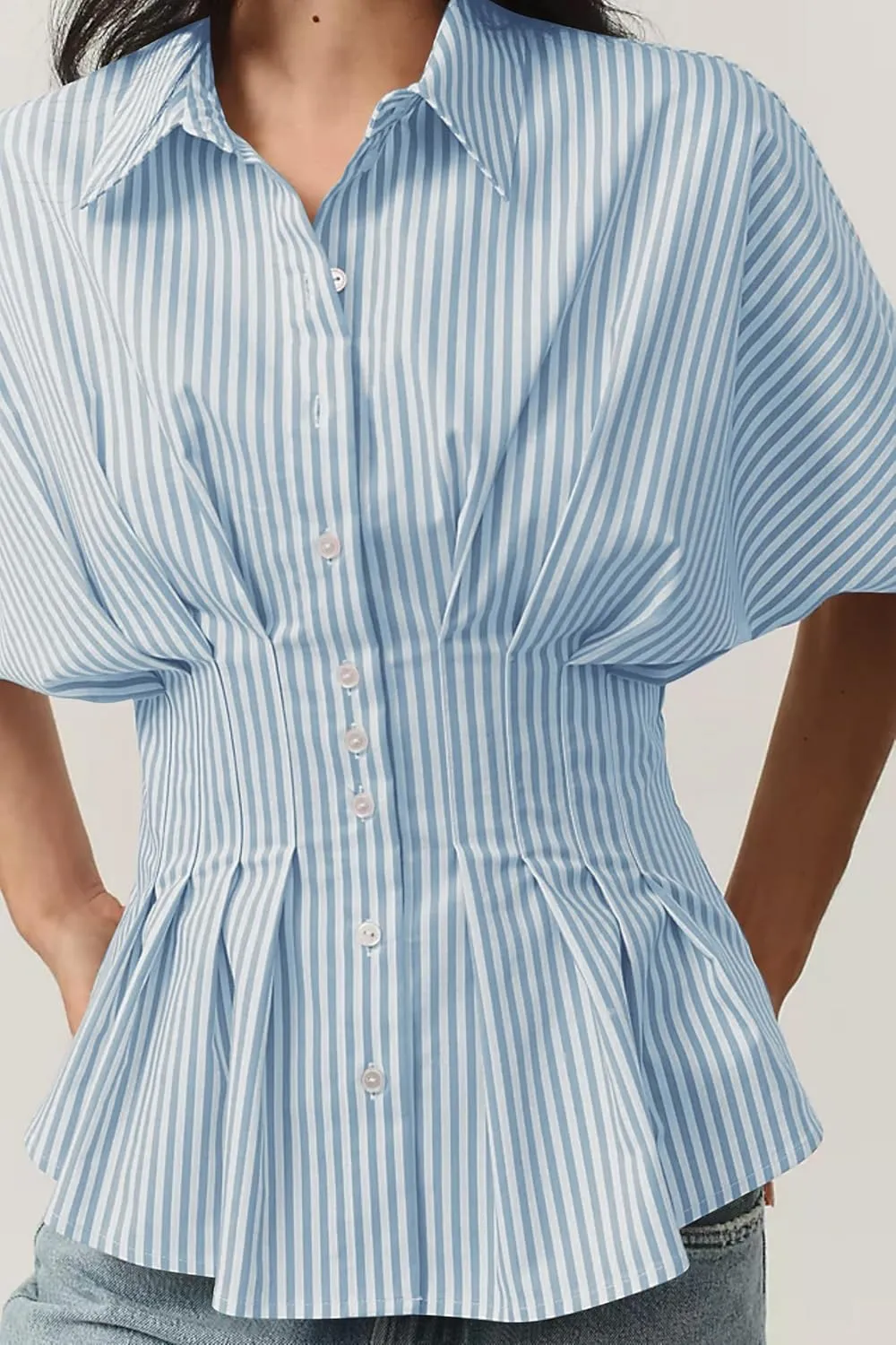 MISSACTIVER Striped Button Down Shirts for Women Short Sleeve Pleated Corset Blouse Casual Summer Peplum Dressy Tops