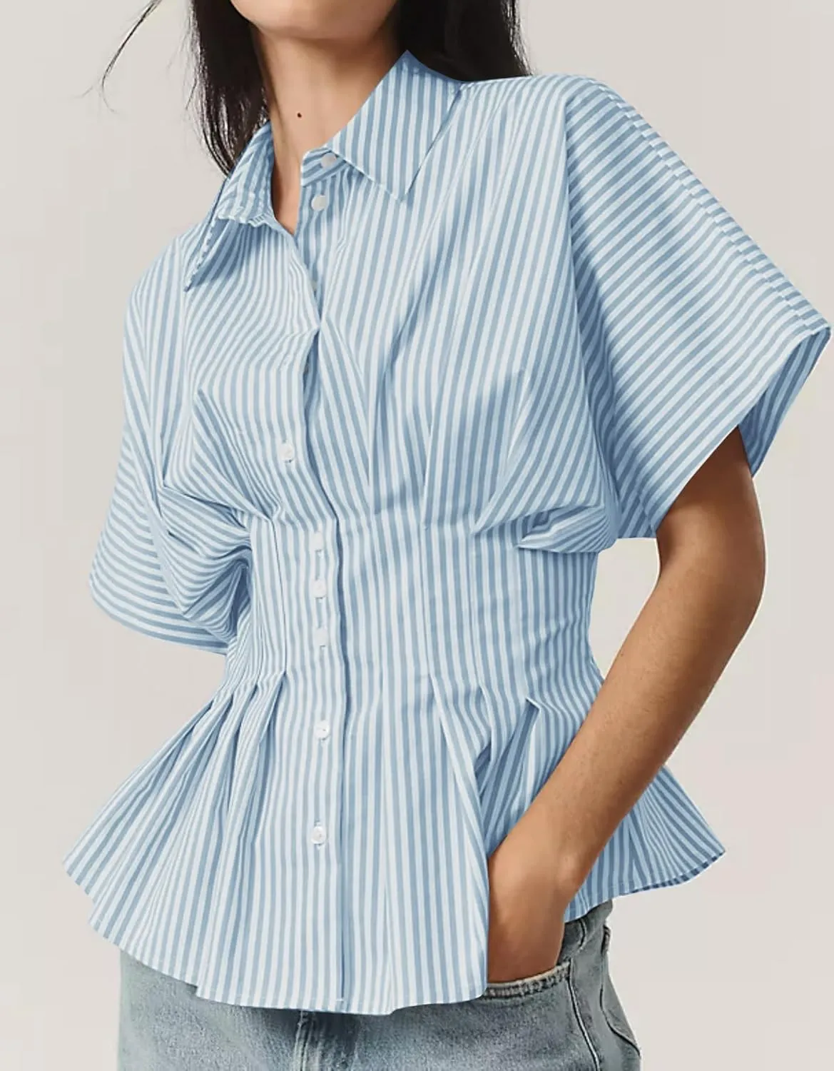 MISSACTIVER Striped Button Down Shirts for Women Short Sleeve Pleated Corset Blouse Casual Summer Peplum Dressy Tops