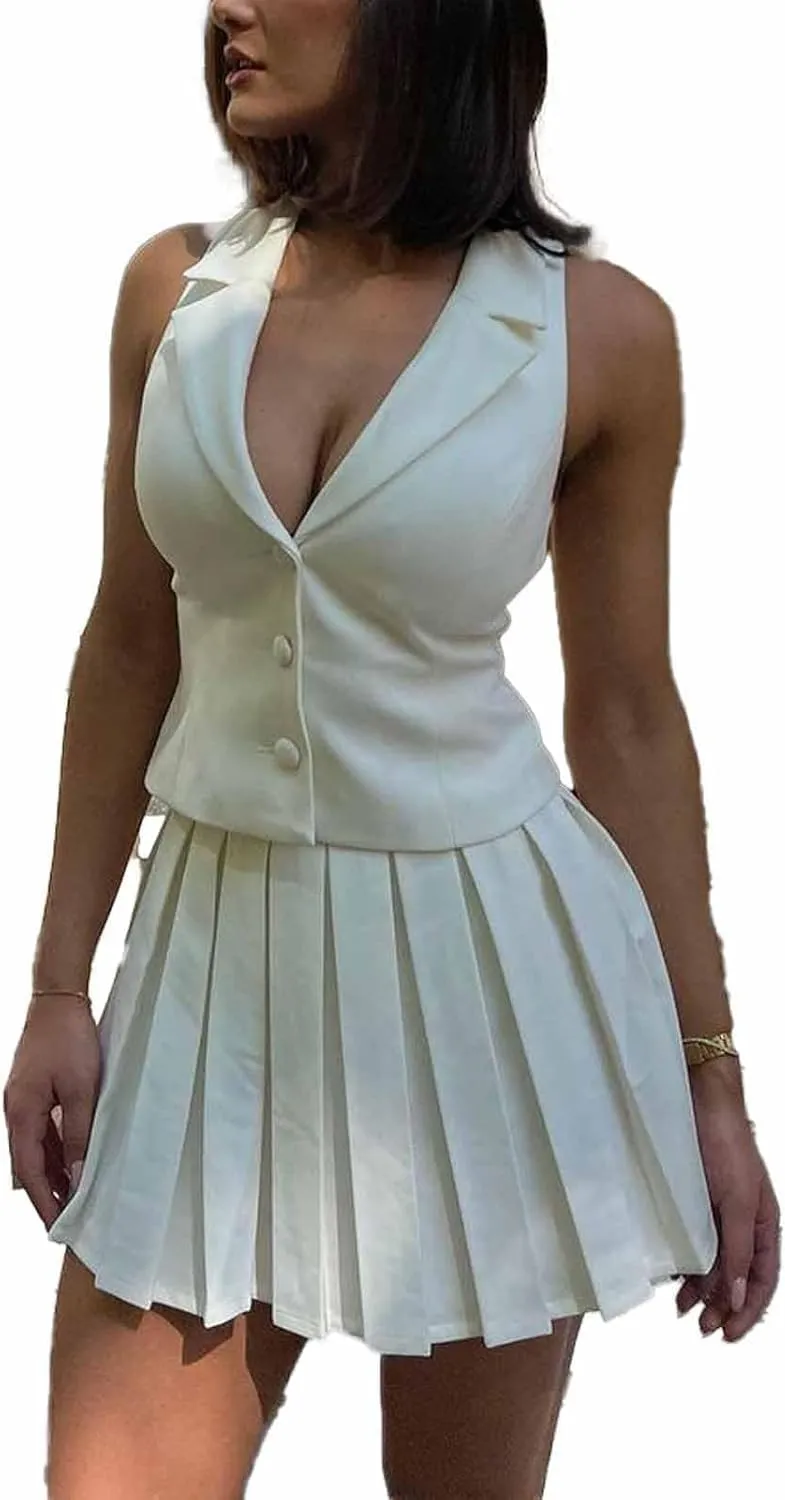 MOLERFO Women's Summer Y2K 2 Piece Skirt Set Casual Sleeveless Button Up V Neck Vest Pleated Mini Skirt Set (White,Small)