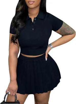 Molilove Knit 2 Piece Tennis Dress for Women Short Sleeve Button Crop Top and Mini Pleated Skirt Golf Workout Outfits