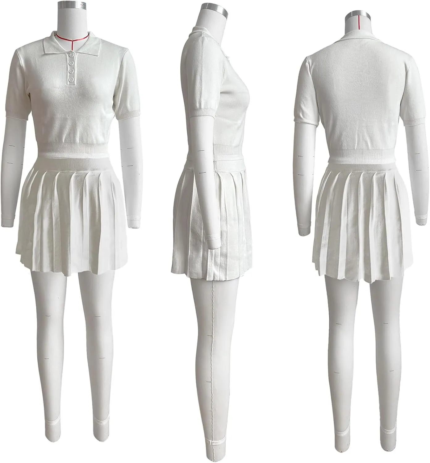 Molilove Knit 2 Piece Tennis Dress for Women Short Sleeve Button Crop Top and Mini Pleated Skirt Golf Workout Outfits